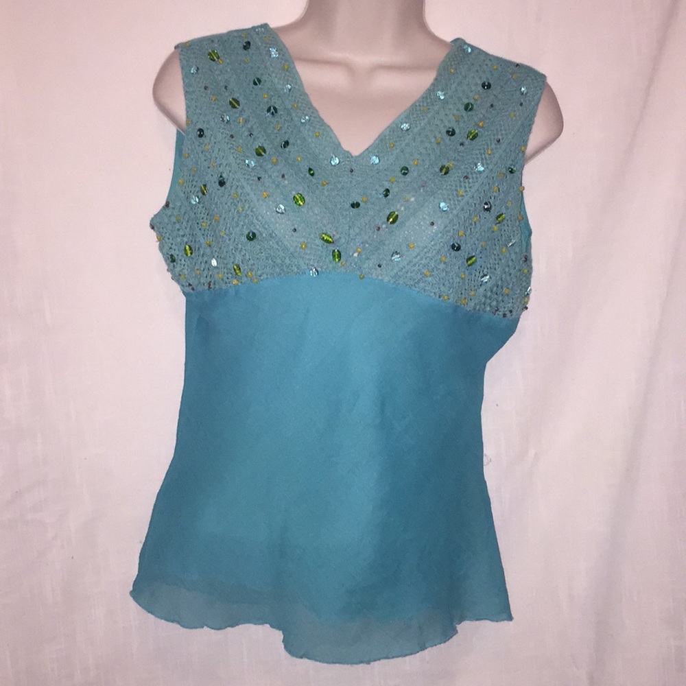 Women’s aqua top with crochet front panel